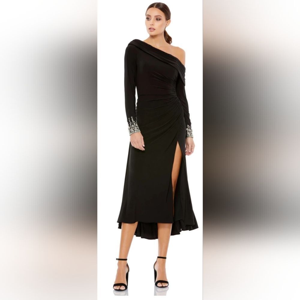 Mac Duggal FOLDOVER LONG SLEEVE JEWELED MIDI DRESS NWT size 10 Black (26485)